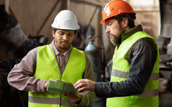 Two construction workers in hard hats and safety vests reviewing a tablet